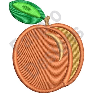 May include: A peach with a green leaf, the peach is orange and has a yellow centre.