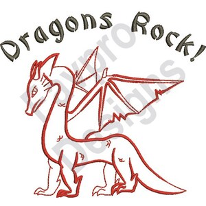 以下が含まれることがあります： 翼を広げたドラゴンの赤い線画。ドラゴンの上に「Dragons Rock!」というグレーの文字が書かれている。