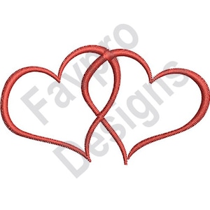 Könnte beinhalten: Zwei rote Herzen, die ineinander verschlungen sind und eine einzige Form bilden. Dieses Design ist perfekt für Valentinstag- oder Hochzeitsdekorationen.