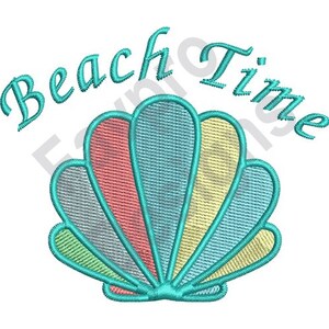 May include: A turquoise blue seashell with a multi-colored striped pattern. The text "Beach Time" is written in turquoise blue above the seashell.
