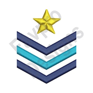 May include: A gold star sits above three blue and turquoise chevron stripes. The stripes are arranged in a chevron pattern.