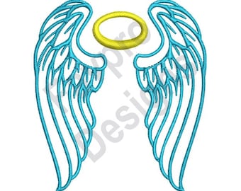 May include: Embroidered design of angel wings in light blue with a gold halo. The wings are detailed with feather-like patterns, and the halo is a simple, golden ring. The design is likely for embroidery projects or crafts.