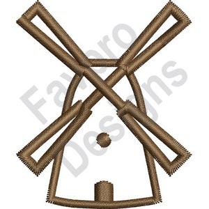 Puede incluir: Un contorno marrón de un molino de viento con cuatro aspas. El molino de viento es un diseño simple con un techo redondeado y un pequeño círculo en el centro.