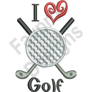 May include: A white golf ball with two crossed golf clubs behind it. A red heart with a swirl design is above the golf ball. The text "I love Golf" is below the golf ball.