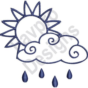 May include: A blue line drawing of a sun, a cloud with swirls, and four raindrops.