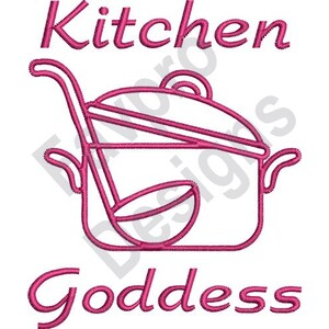 May include: Pink embroidery design of a pot with a ladle and the text "Kitchen Goddess".