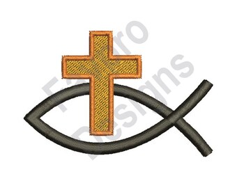 Puede incluir: Una imagen estilizada en blanco y negro de un pez con una cruz amarilla en su interior. La cruz está delineada en naranja.