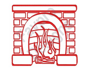 Puede incluir: Un dibujo de línea roja de una chimenea de ladrillo con fuego ardiendo en su interior. La chimenea tiene un arco redondeado y un diseño simple.