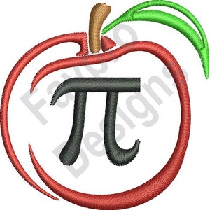 Könnte beinhalten: Ein roter Apfel mit einem grünen Blatt und dem mathematischen Symbol Pi in Schwarz darin.