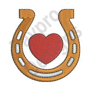 Könnte beinhalten: Ein goldenes Hufeisen mit einem roten Herzen in der Mitte. Das Hufeisen ist ein Symbol für Glück und das Herz steht für Liebe.