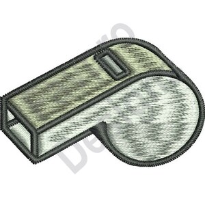 May include: A gray and white whistle with a black outline. The whistle is a common sports equipment used by referees and coaches.