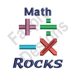 May include: White background with the words "Math Rocks" in navy blue, along with colorful math symbols: a pink plus sign, a green division sign, a blue minus sign, and a red multiplication sign.