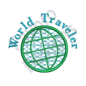 May include: Green globe with a blue grid pattern surrounded by the text "World Traveler" in blue.
