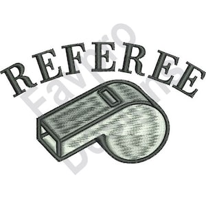 May include: Black and white embroidered design of a whistle with the word "REFEREE" above it.