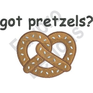 Puede incluir: Un pretzel marrón con chispas blancas y el texto "got pretzels?" en negro.