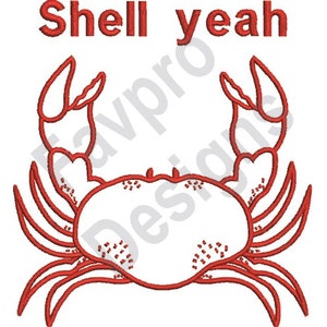 Puede incluir: Diseño bordado en rojo de un cangrejo con el texto "Shell yeah" encima.