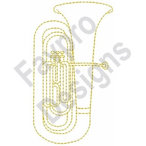 May include: A gold outline illustration of a tuba, a brass musical instrument.
