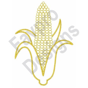 May include: A gold embroidery design of a corn cob with husks. The design is perfect for creating a decorative patch or applique for clothing, home decor, or crafts.