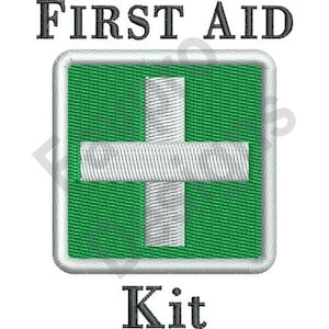 May include: Embroidered patch featuring a green square with a white cross, a universal symbol for first aid. The words "FIRST AID" are arched above the square, and "Kit" is below. The design has a textured, stitched appearance.