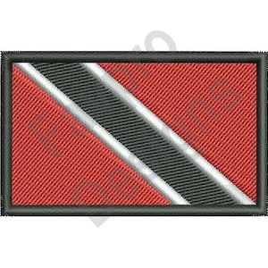 May include: A red, black, and white embroidered patch with a diagonal black and white stripe on a red background. The patch has a black border.