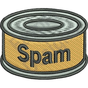 Pode incluir: Uma lata prateada com um rótulo amarelo que diz "Spam".