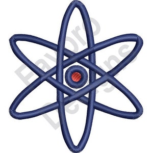 May include: A blue atom symbol with a red center. The symbol is a stylized representation of an atom with a nucleus and orbiting electrons.