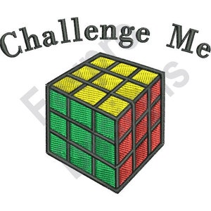 以下が含まれることがあります： 「Challenge Me」というテキストが書かれたルービックキューブの白黒画像です。