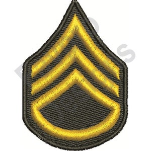 May include: A gold embroidered military rank patch with three chevrons on a dark green background.