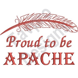 May include: Red embroidered design with a feather and the text "Proud to be APACHE".