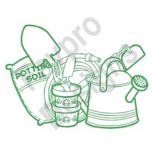 May include: A green line drawing of gardening supplies, including a bag of potting soil, a watering can, a trowel, a fork, and a plant pot.
