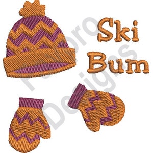 May include: Embroidered design featuring a purple and orange chevron patterned winter hat, mittens, and the text "Ski Bum".
