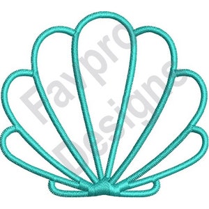 May include: A turquoise blue seashell outline embroidery design. The design is made up of multiple curved lines that create a seashell shape.
