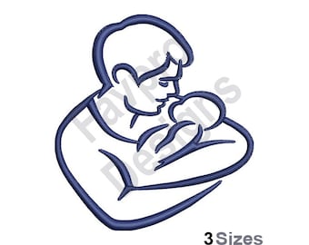 May include: A blue line drawing of a person holding a baby. The drawing is simple and stylized.