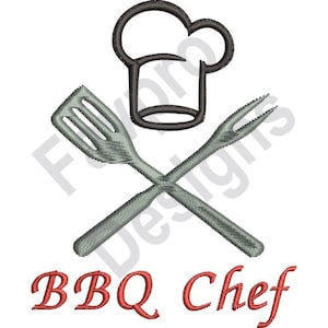 May include: A black and white illustration of a chef's hat with a spatula and a fork crossed underneath. The text "BBQ Chef" is written in red below the illustration.