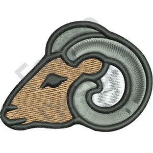 May include: Embroidered patch of a brown ram's head with large, curled horns. The horns are outlined in black and filled with a light gray color. The ram's head is outlined in black and filled with a brown color.