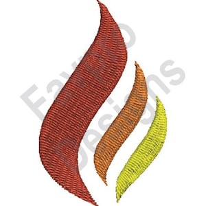 May include: A stylized flame design with three layers in red, orange, and yellow.
