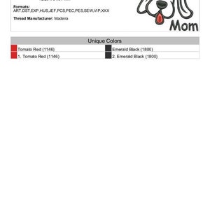 May include: Machine embroidery design of a dog with the text "Rescue Dog Mom". The design is in black and red and measures 2.84 x 3.32 inches.