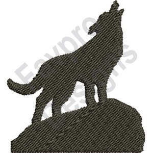 May include: Black silhouette of a wolf howling at the moon, standing on a rocky hilltop.