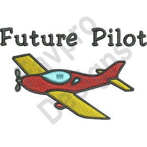 May include: A red and yellow airplane with a blue window and the text "Future Pilot" above it.
