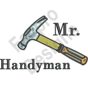 May include: A gray and yellow hammer with a black handle and the text "Mr. Handyman" below it.