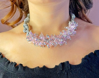 Gray waxed cord necklace with half pink crystal, handmade, handcrafted, unique