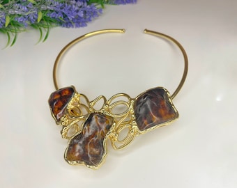 Gold brown necklace, Amber stone, rigid choker, Natural Stones, gold jewelry, gold, important necklace, detail