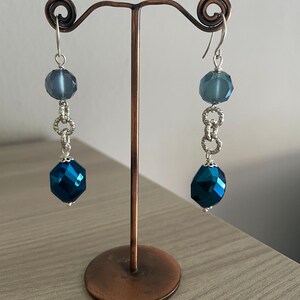 Long dangle earrings with iridescent blue/turquoise crystals/gift idea for her/handmade hypoallergenic earrings/romantic earrings.