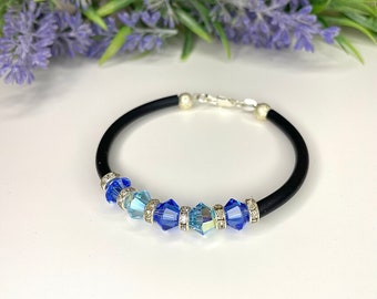 Bracciale Swarovski rigido blu/turchese su caucciù, bracciale donna, idea regalo, braccialetto, con cristalli, gioielli fatti a mano