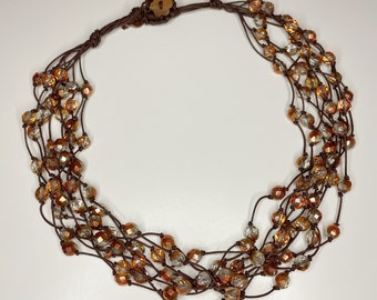 Multi-strand copper choker necklace with half-crystal beads on hypoallergenic brown cord, handmade in Italy | Christmas gift idea