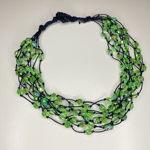 Multi-strand choker necklace/ light green crystal beads/ brown waxed cord/ handmade gift idea made in Italy/ gift for her