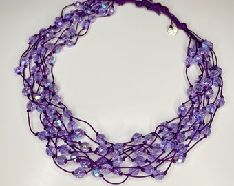 Lilac necklace, multi-strand choker with half crystal beads on hypoallergenic purple waxed cord, handmade | Christmas gift idea