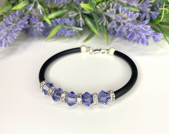 Purple rigid Swarovski bracelet on rubber, women's bracelet, gift idea, original bracelet, with crystals, handmade jewelry