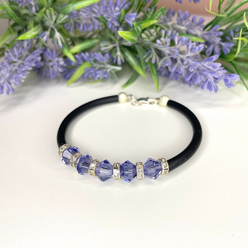 Purple rigid Swarovski bracelet on rubber, women's bracelet, gift idea, original bracelet, with crystals, handmade jewelry image 1