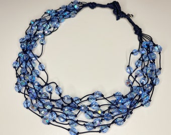 Multi-strand choker necklace with blue half crystal beads, blue waxed cord, hypoallergenic, handmade gift idea made in Italy